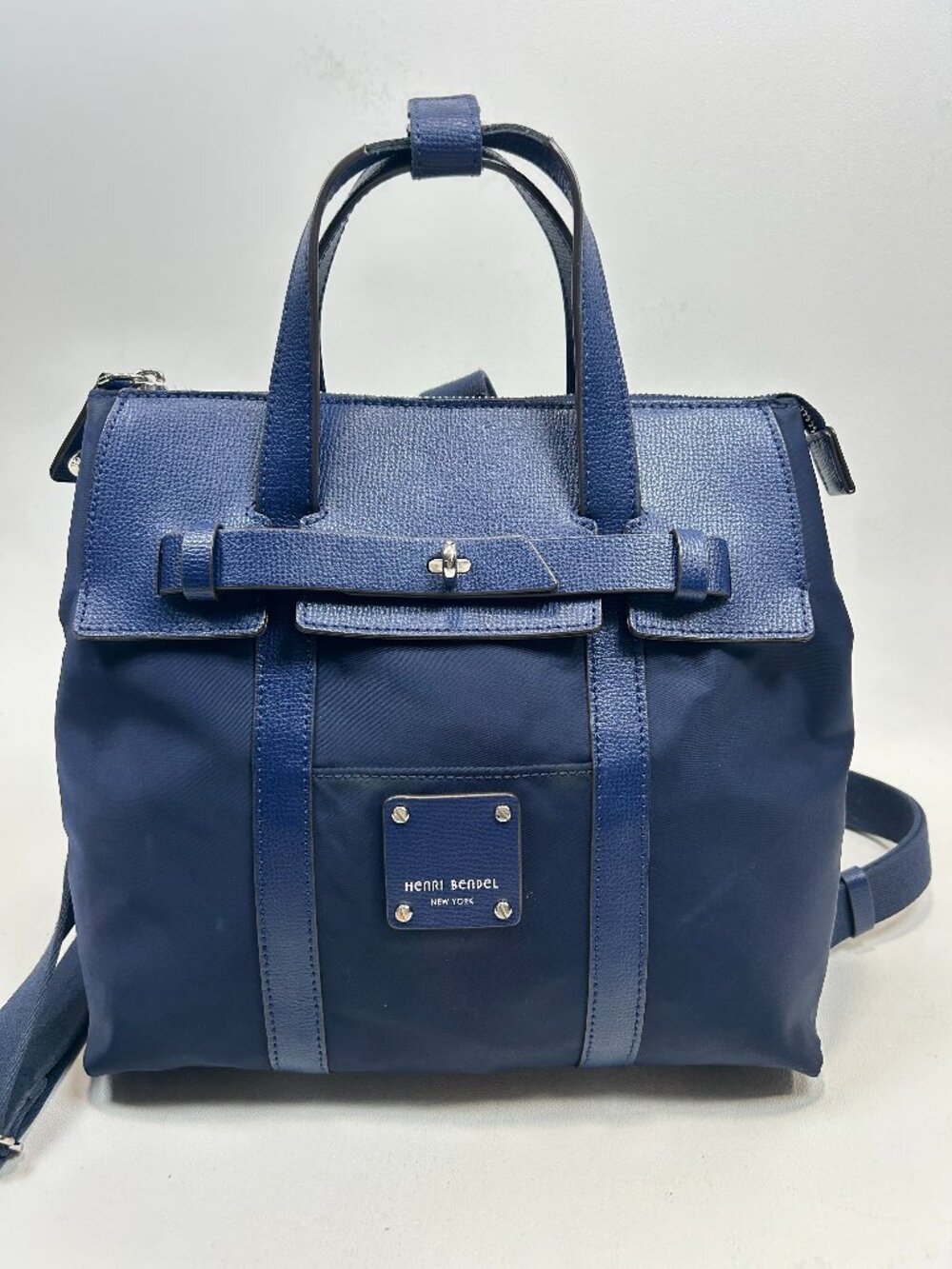 HENRI BENDEL Jetsetter Convertible Backpack Navy Blue Nylon & Leather Bag